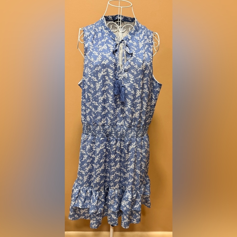 Saks Fifth Avenue Blue Floral Mini Dress Smocked Waist Ruffle Hem XL